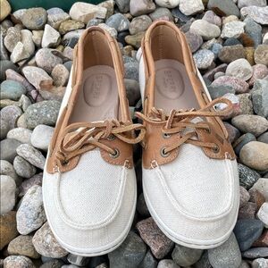 Sperry Topsider Brown and Cream Canvas Boat Shoes 8.5